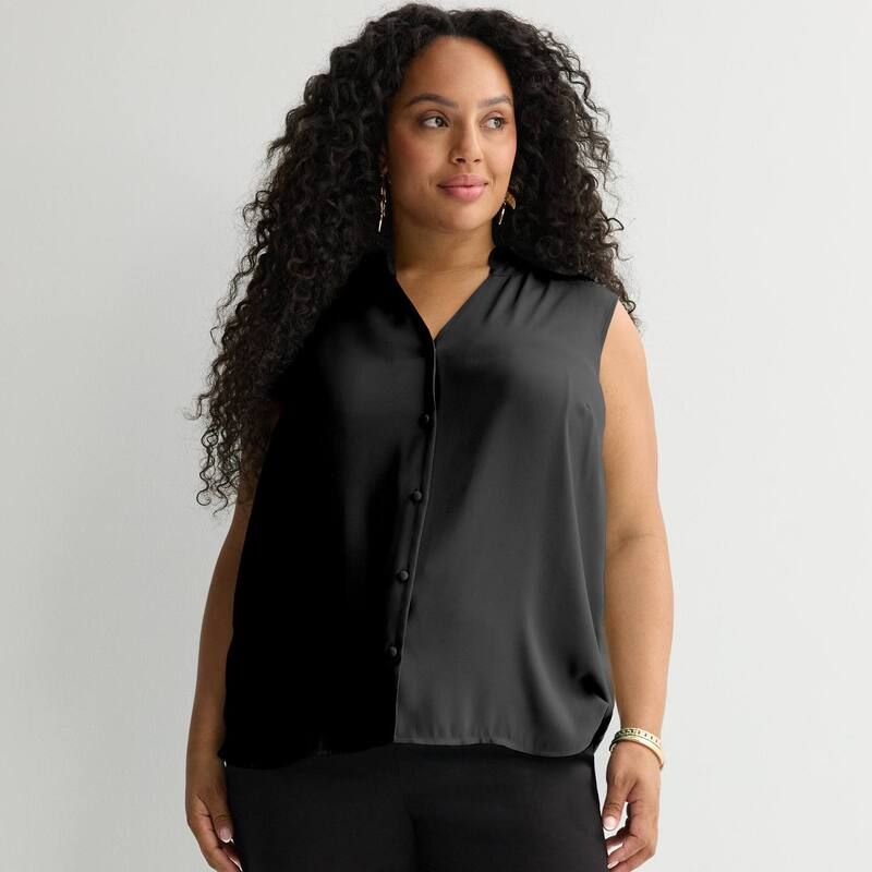 ナインウェスト レディース トップス シャツ プラスサイズ フリル ノースリーブ ダウン ブラウス Plusize Nine West Ruffle Collar Sleeveless ButtonDown Blouse Mineral Black ブラック