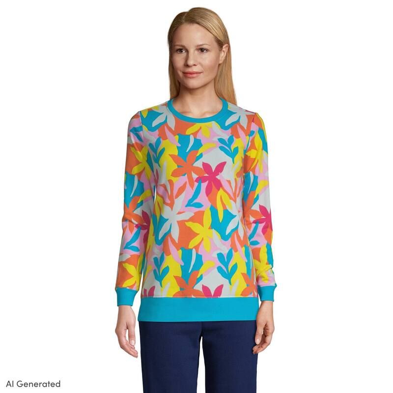 ランズエンド レディース トップス Tシャツ クルーネック スウェット Womens Lands End Seriousweats Crewneck Sweatshirtunic Turquoise Floral ターコイズ