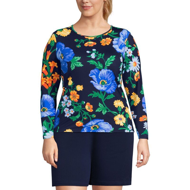 ランズエンド レディース トップス Tシャツ クルーネック プラスサイズ Plusize Lands End Long Sleeve Crewneck Garden Top Navy Poppy Floral ネイビー