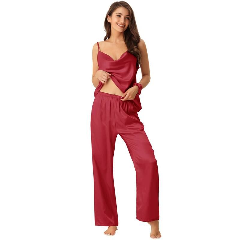 cheibear レディース アンダーウェア ナイトウェア サテン シルク cheibear Womensatin Sleepwear Cowl Neck Cami Top with Long Pant PJ Loungewear Silky Pajama S