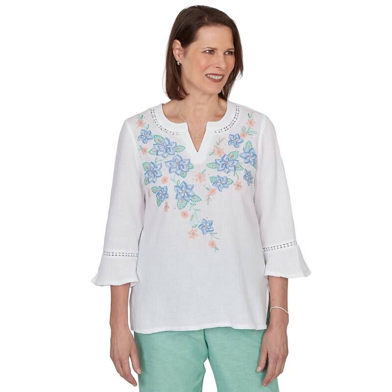 アルフレッド ダナー レディース トップス Tシャツ フラワー柄 刺繍 フラワー Womens Alfredunner Tropical Floral Split Neck Embroidered Top White ホワイト