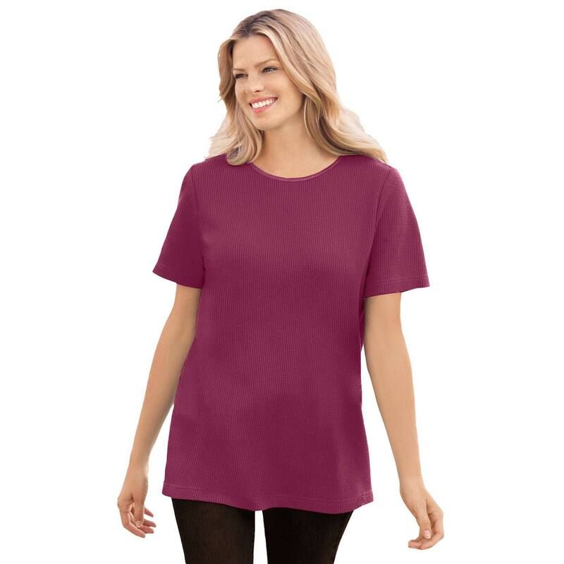 ウーマン ウィズイン レディース トップス Tシャツ プラスサイズ サテン Woman Within Plusize Waffle Thermal Satin Trim Tee Deep Claret
