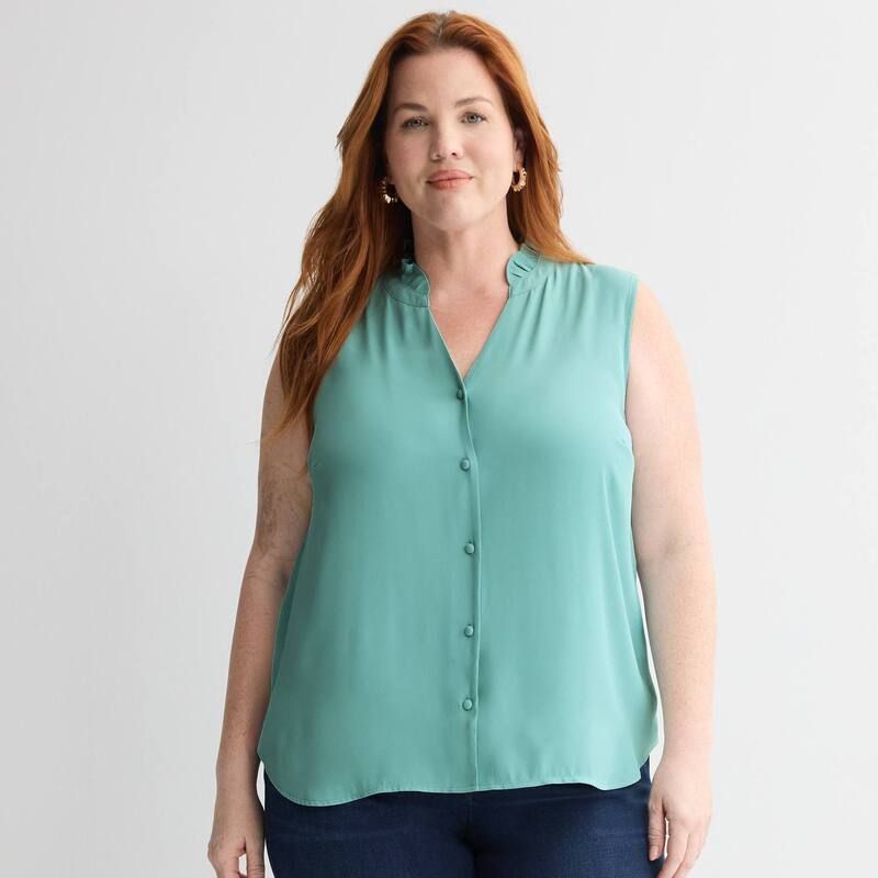 ナインウェスト レディース トップス シャツ プラスサイズ フリル ノースリーブ ダウン ブラウス Plusize Nine West Ruffle Collar Sleeveless ButtonDown Blouse Dusty Pale Blue ブルー