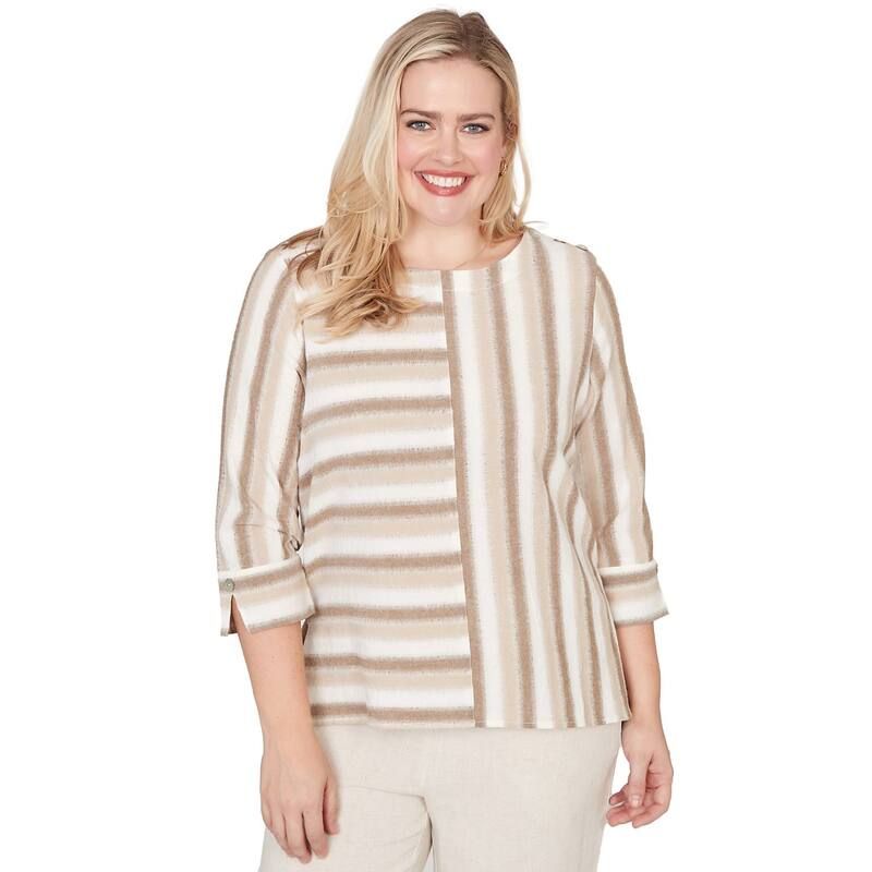 アルフレッド ダナー レディース トップス Tシャツ Womens Alfredunner Spliced Stripe Three Quarter Sleeve Top Neutral Multi マルチカラー