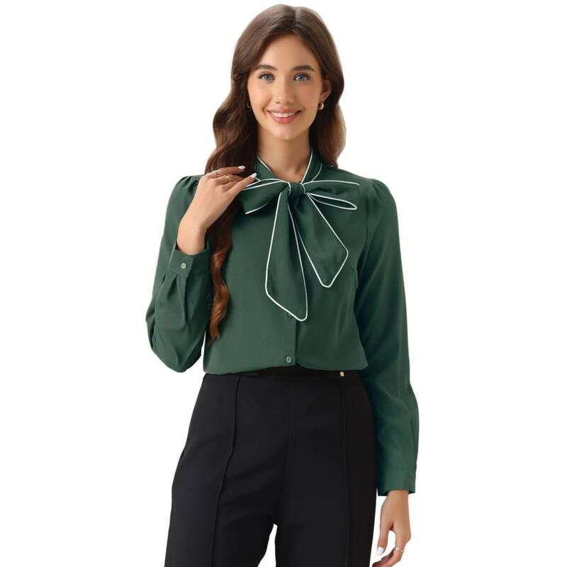 アレグラ ケー レディース トップス シャツ ボタンダウン ブラウス ALLEGRA K Womens Tie Neck Button Down Work Long Sleeves Blouse Shirts Dark Green グリーン