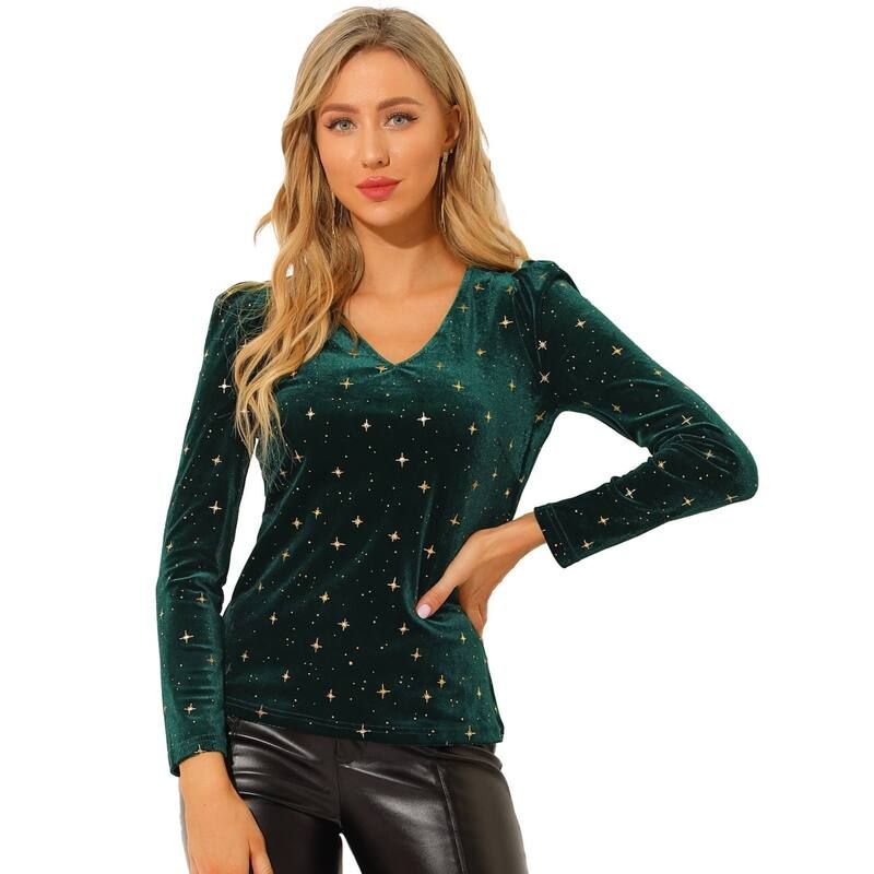 アレグラ ケー レディース トップス シャツ Vネック トール ベルベット ALLEGRA K Womens Velvet Vneck Long Sleeve Gilding Shiny Metallic Stars Top Green グリーン
