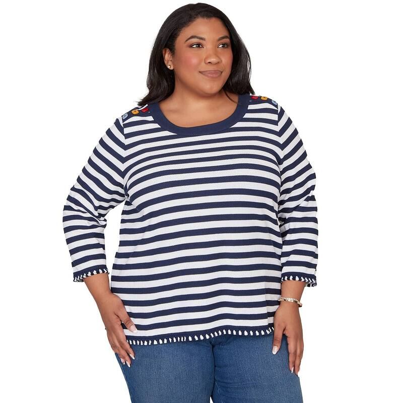 アルフレッド ダナー レディース トップス Tシャツ プラスサイズ Plusize Alfredunner Pique Stripe Button Detail Top Navy And White ホワイト