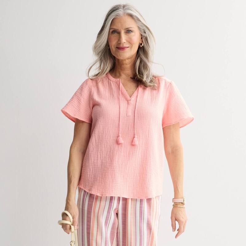 クロフト＆バロー レディース トップス シャツ Womens Croft Barrow Splitneck Tassel Top Eyelet Pink ピンク