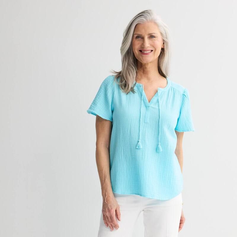 クロフト＆バロー レディース トップス シャツ Womens Croft Barrow Splitneck Tassel Top Sweet Water
