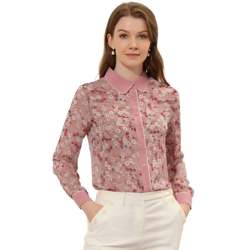 アレグラ ケー レディース トップス シャツ ボタンダウン フラワー柄 コントラスト ダウン ブラウス フラワー ALLEGRA K Womens Button Down Shirt Long Sleeve Contrast Collar Floral Blo