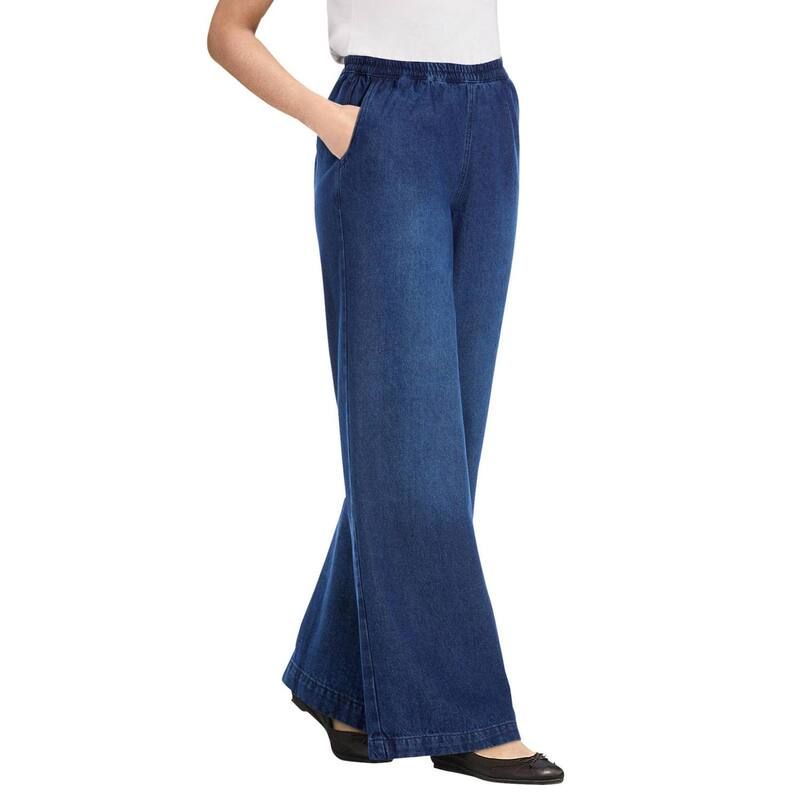 ウーマン ウィズイン レディース ボトムス デニムパンツ プラスサイズ プチ コットン ジーンズ Woman Within Plusize Petite Perfect ElasticWaist WideLeg AllCotton PullOn Denim J