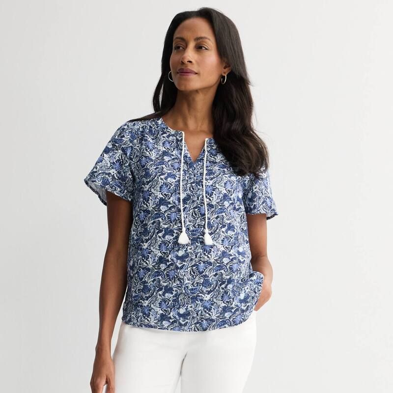 クロフト＆バロー レディース トップス シャツ Womens Croft Barrow Splitneck Tassel Top Navy Fun Palm ネイビー