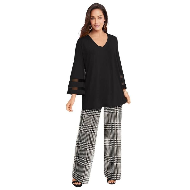 ジェシカロンドン レディース ボトムス カジュアルパンツ ワイドレッグ プラスサイズ プチ ニット Jessica London Womens Plusize Petite Stretch Knit Wide Leg Pant Neutral Plaid チェ