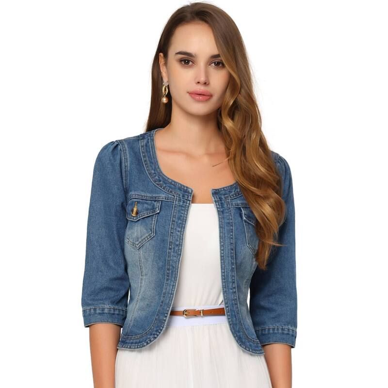 アレグラ ケー レディース トップス ワンピース デニム ジャケット ALLEGRA K Womens Jean Jacket Collarless 34 Sleeve Denim Jackets Blue ブルー