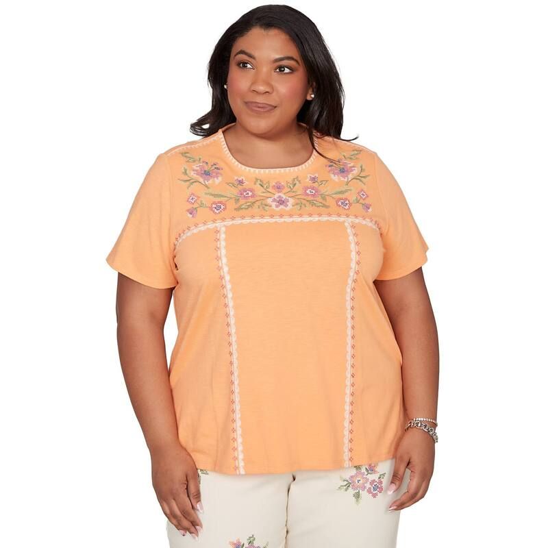 アルフレッド ダナー レディース トップス Tシャツ フラワー柄 プラスサイズ 刺繍 フラワー Plusize Alfredunner Embroidered Floral Neck Short Sleeve Tee Apricot アプリコット