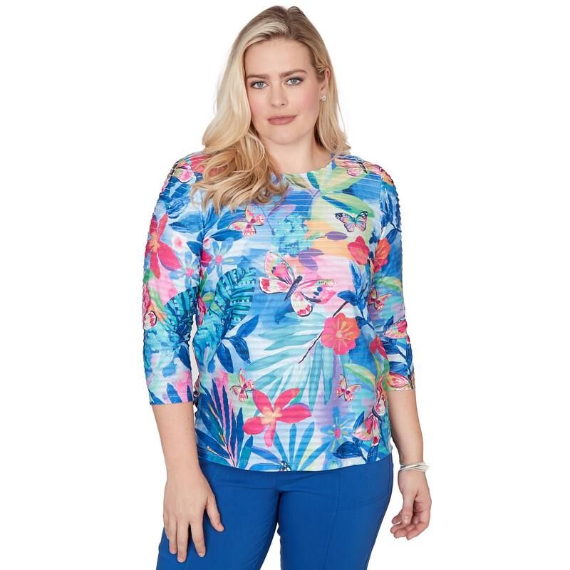 アルフレッド ダナー レディース トップス Tシャツ フリル Womens Alfredunner Tropical Butterfly Ruffle Textured Top Royal Blue ブルー