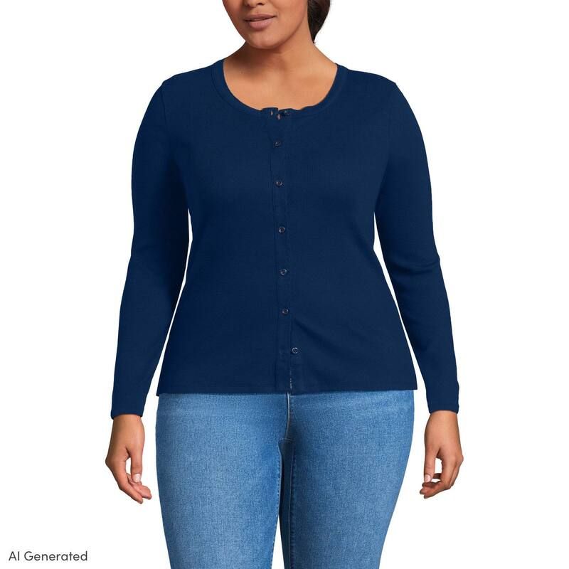 ランズエンド レディース トップス Tシャツ プラスサイズ Plusize Lands End Long Sleeve Micro Ributton Frontop Deep Sea Navy ネイビー