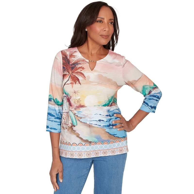 アルフレッド ダナー レディース トップス Tシャツ Womens Alfredunner Sunset Beach Scenic Split Neck Top Neutral Multi マルチカラー