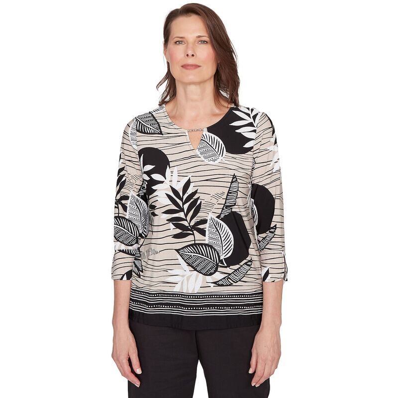 アルフレッド ダナー レディース トップス Tシャツ プリント Womens Alfredunner Tropicaleaf Border Print Split Neck Top Multi Black ブラック