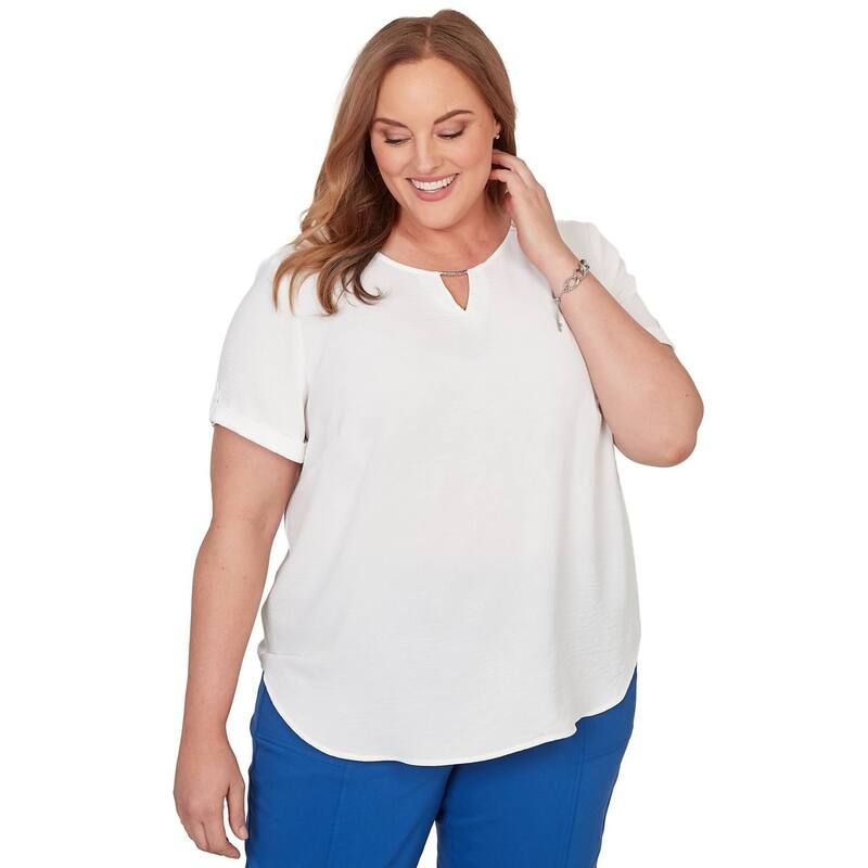 アルフレッド ダナー レディース トップス Tシャツ プラスサイズ Plusize Alfredunner Solid Rolled Short Sleeve Tee White ホワイト