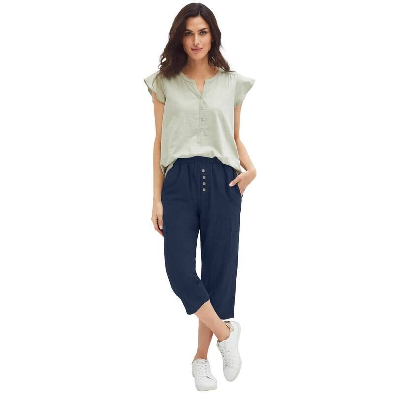 Ellos レディース ボトムス カジュアルパンツ プラスサイズ リブ キャップ リネン Ellos Plusize Ribbed Elastic Waist LinenBlend Capris Navy ネイビー
