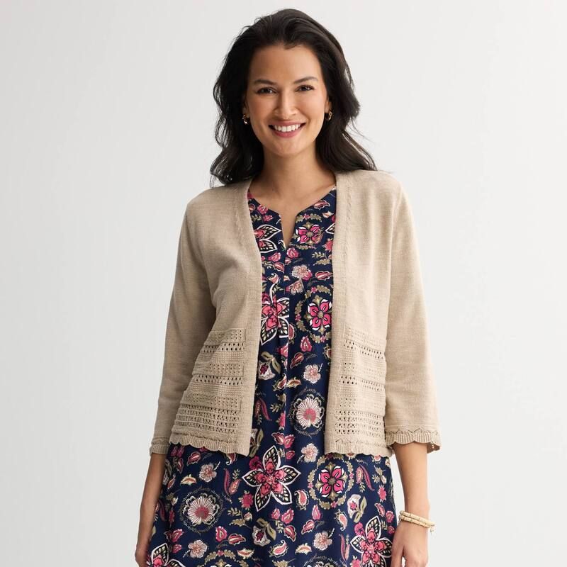 クロフト＆バロー レディース アウター ニット・セーター プチ カーディガン レース Petite Croft Barrow Placed Pointelle Sweater Cardigan Cobblestone