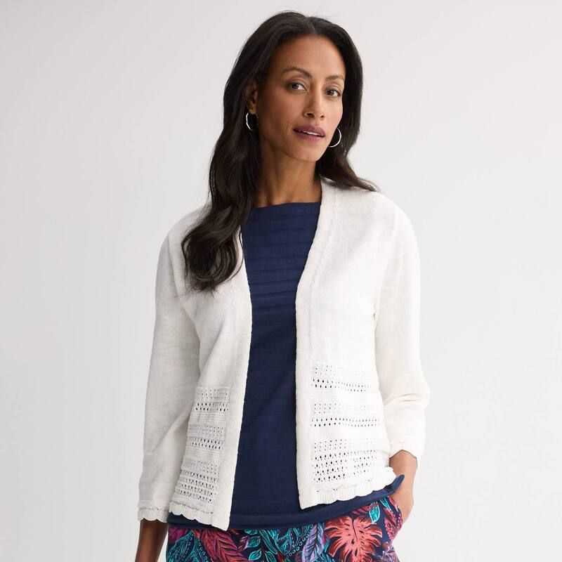 クロフト＆バロー レディース アウター ニット・セーター プチ カーディガン レース Petite Croft Barrow Placed Pointelle Sweater Cardigan Bright White ホワイト