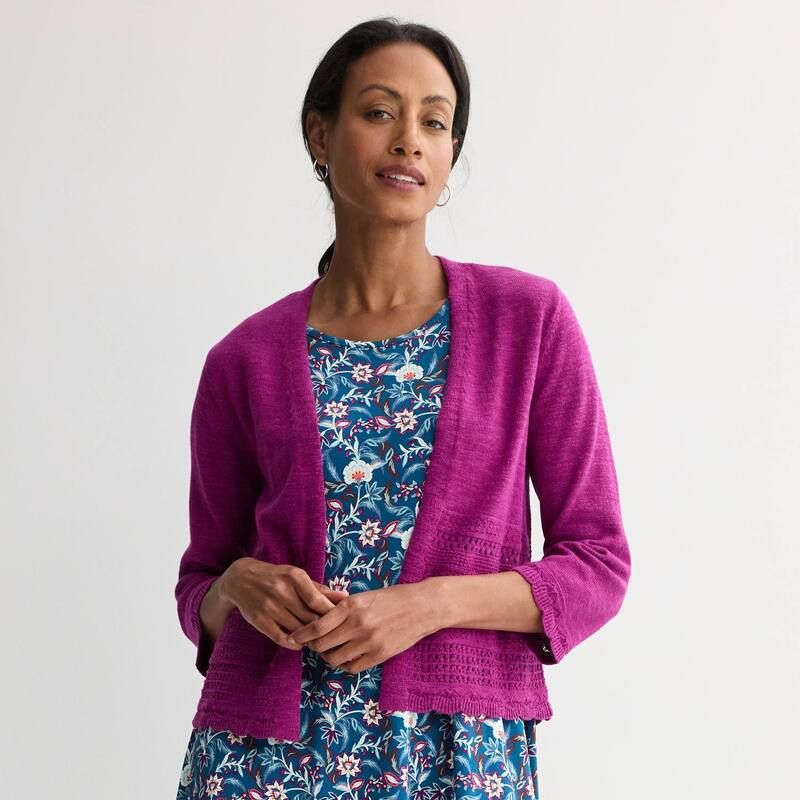 クロフト＆バロー レディース アウター ニット・セーター プチ カーディガン レース Petite Croft Barrow Placed Pointelle Sweater Cardigan Modern Berry