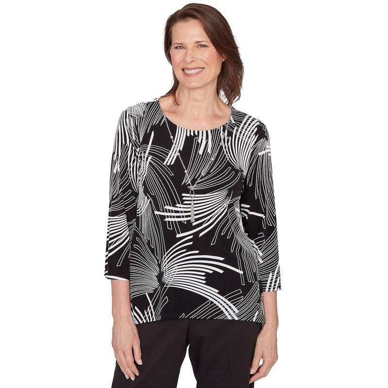 アルフレッド ダナー レディース トップス Tシャツ レース Womens Alfredunner Geometric Sharkbite Hem Top with Necklace Black And White ホワイト