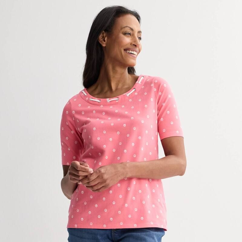 クロフト＆バロー レディース トップス Tシャツ Womens Croft Barrow Tie Neck Elbow Sleeve Top Coralittle Clam コーラル