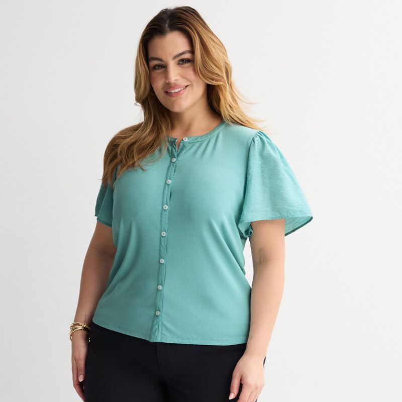 ナインウェスト レディース トップス Tシャツ プラスサイズ Plusize Nine West Mixed Media Button Frontop Dusty Pale Blue ブルー