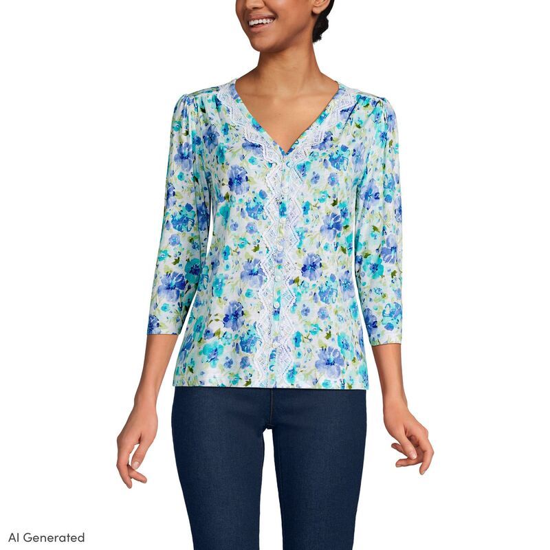 ランズエンド レディース トップス Tシャツ Vネック レーストリム レース Womens Lands End ThreeQuarter Sleeve Slub VNeck Lace Trim Top Aqua Painted Blooms アクア