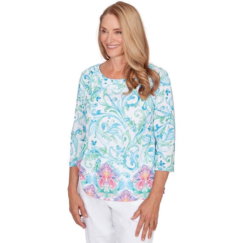 アルフレッド ダナー レディース トップス Tシャツ Womens Alfredunner Scroll Border Embellished Neck Top Blue Multi ブルー