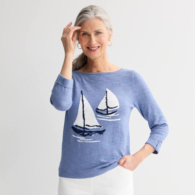 クロフト＆バロー レディース アウター ニット・セーター Womens Croft Barrow Motif Pullover Sweater Indigo Sail Sweater インディゴ