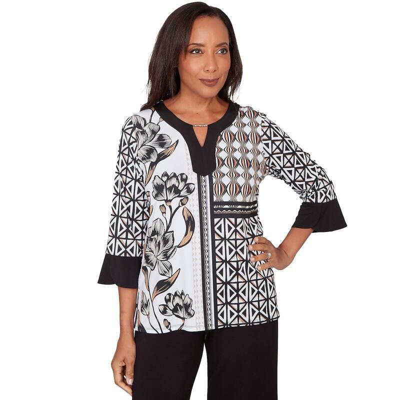 アルフレッド ダナー レディース トップス Tシャツ フラワー柄 パッチワーク フラワー Womens Alfredunner Floral Geo Patchwork Split Neck Top Black And Tan ブラック