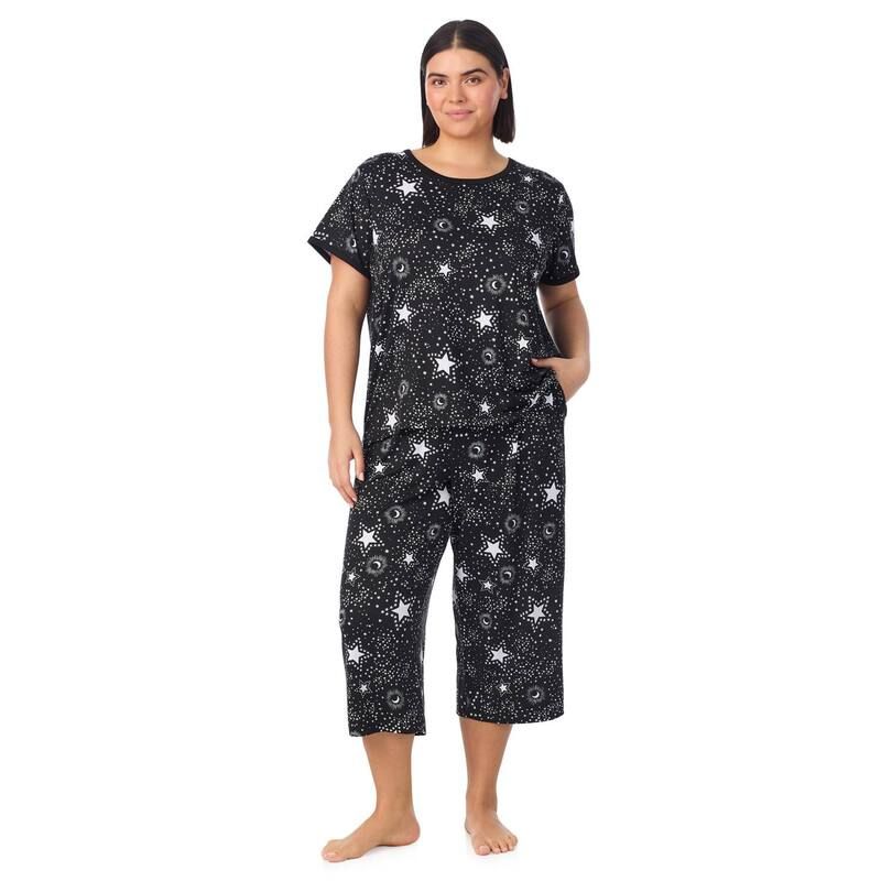 クドルドッズ レディース アンダーウェア ナイトウェア プラスサイズ パンツ クロップド Plusize Cuddl Duds 2Piece Cozy Pajama Top Pajama Cropped Pantset Black Stars ブラック