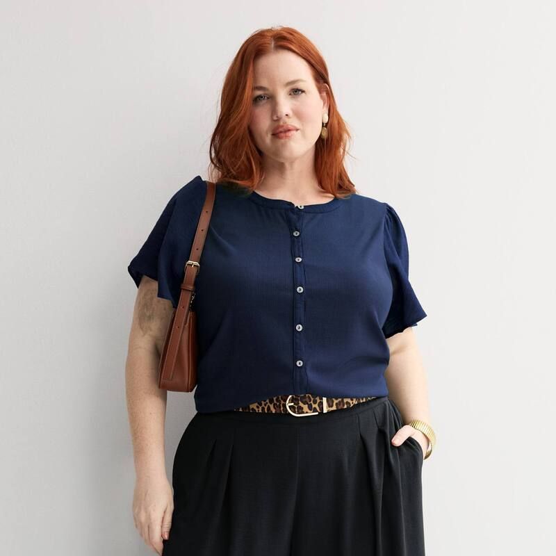 ナインウェスト レディース トップス Tシャツ プラスサイズ Plusize Nine West Mixed Media Button Frontop Luxe Blue ブルー