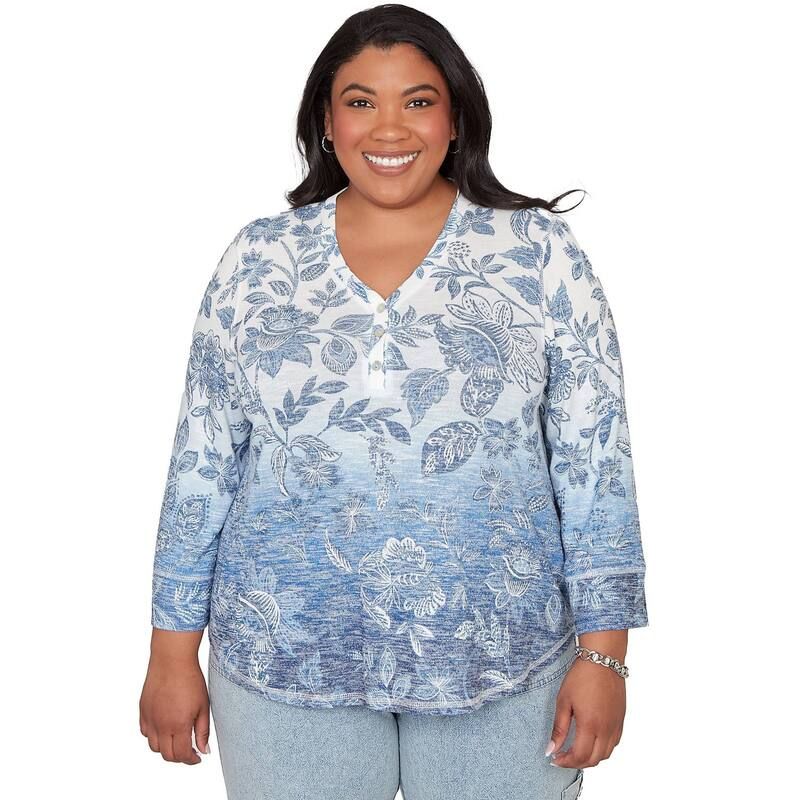 アルフレッド ダナー レディース トップス シャツ フラワー柄 プラスサイズ フラワー Plusize Alfredunner Floral Henley Top Blue ブルー
