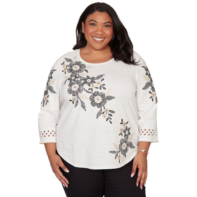 アルフレッド ダナー レディース トップス シャツ フラワー柄 プラスサイズ 刺繍 フラワー Womens Plus Alfredunner Floral Embroidered Textured Top Ivory アイボリー