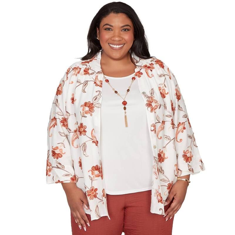 アルフレッド ダナー レディース トップス シャツ フラワー柄 プラスサイズ レース フラワー Womens Plus Alfredunner Paisley Floral Collared Two in One Top with Necklace Ivory