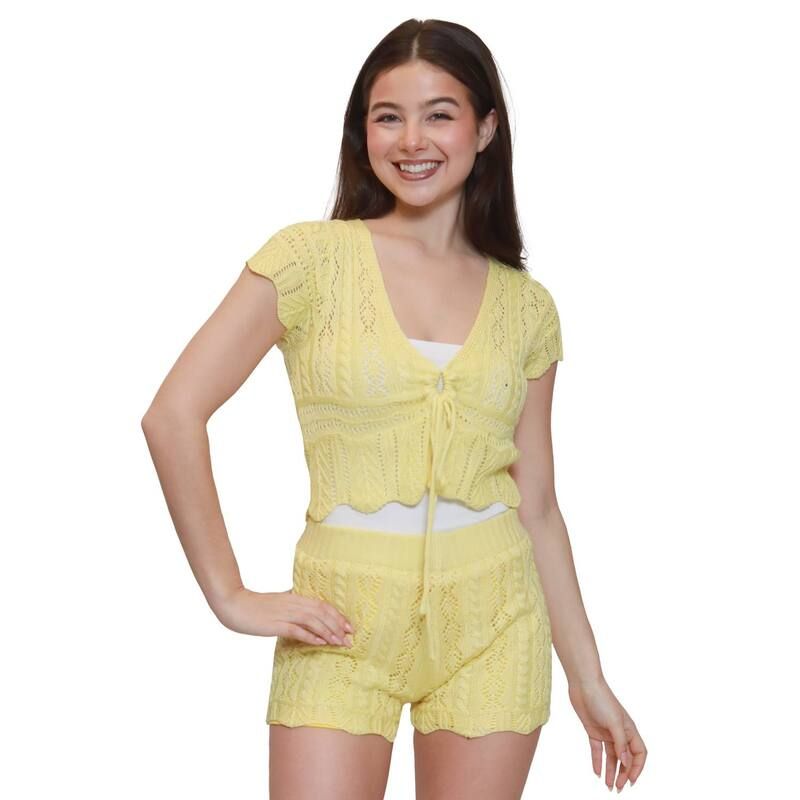 マッデンガール レディース アウター ニット・セーター カーディガン Juniors madden girl Short Sleeve Tie Pull Thru Front Pointelle Sweater Cardigan Pastel Yellow イ