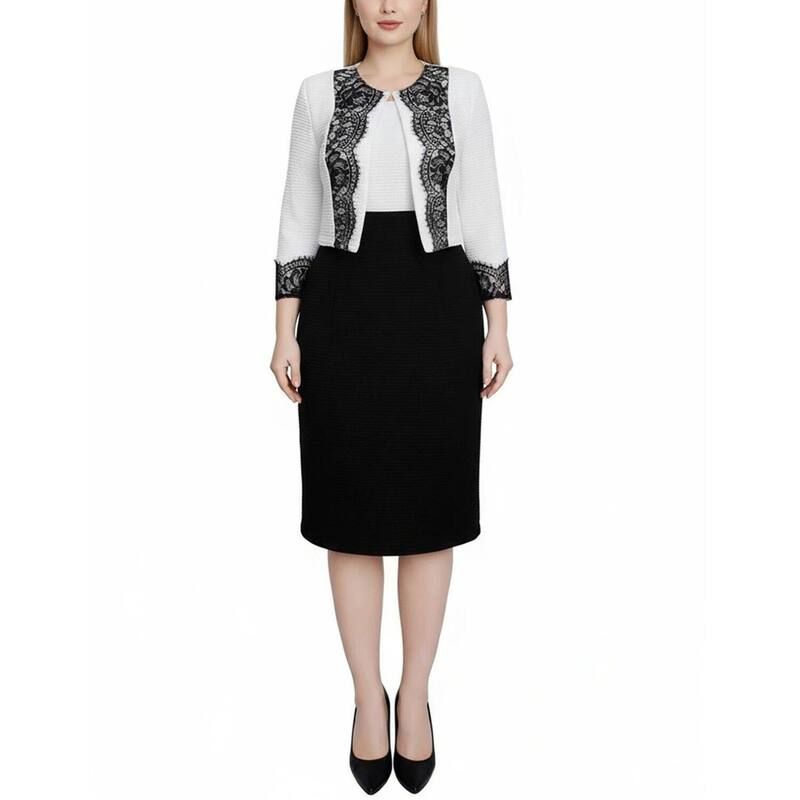 ニューヨークコレクション レディース トップス ワンピース レース ニット NY Collection LaceDetail 2 Piece Textured Knit Dresset White Black ホワイト