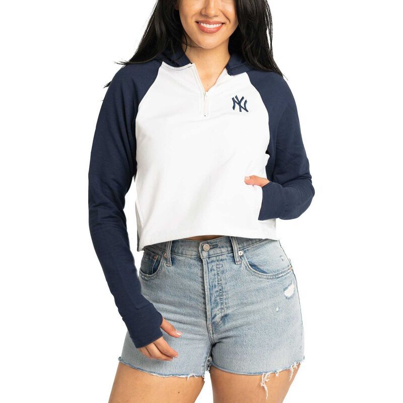 アンブランデッド レディース アウター ジャケット・ブルゾン クロップド パーカー Unbranded Womens Lusso White New York Yankees Jane Raglan QuarterZip TriBlend Cropped Pu