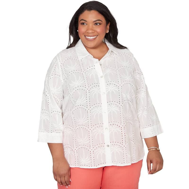 アルフレッド ダナー レディース トップス シャツ プラスサイズ Plusize Alfredunner Eyelet Palm Tree Button Frontop White ホワイト
