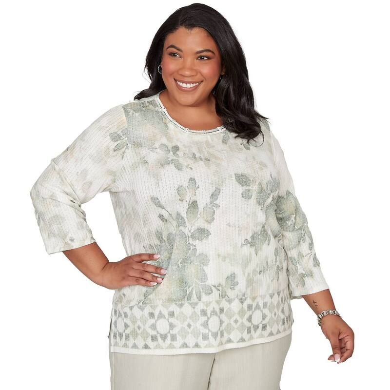 アルフレッド ダナー レディース トップス シャツ フラワー柄 プラスサイズ フラワー Plusize Alfredunner Floral Tonal Border Embellished Neck Top Celadon