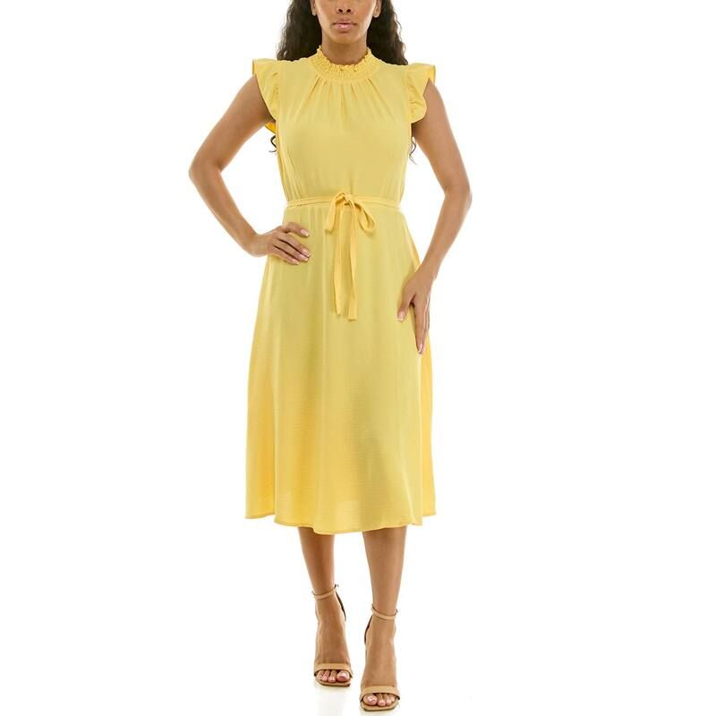 ニナレオナルド レディース トップス ワンピース ミディ シャーリング Womens Nina Leonard Smocked Neck Flutter Midi Dress Lemon
