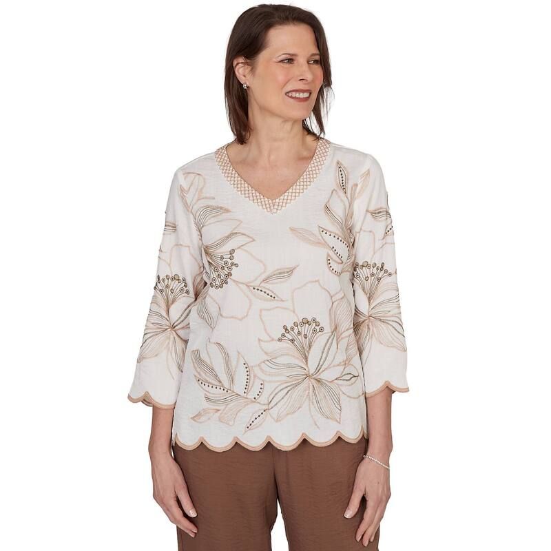 アルフレッド ダナー レディース トップス シャツ Vネック フラワー柄 プチ 刺繍 フラワー Petite Alfredunner Embroidered Floral VNeck Textured Top Ivory アイボリー