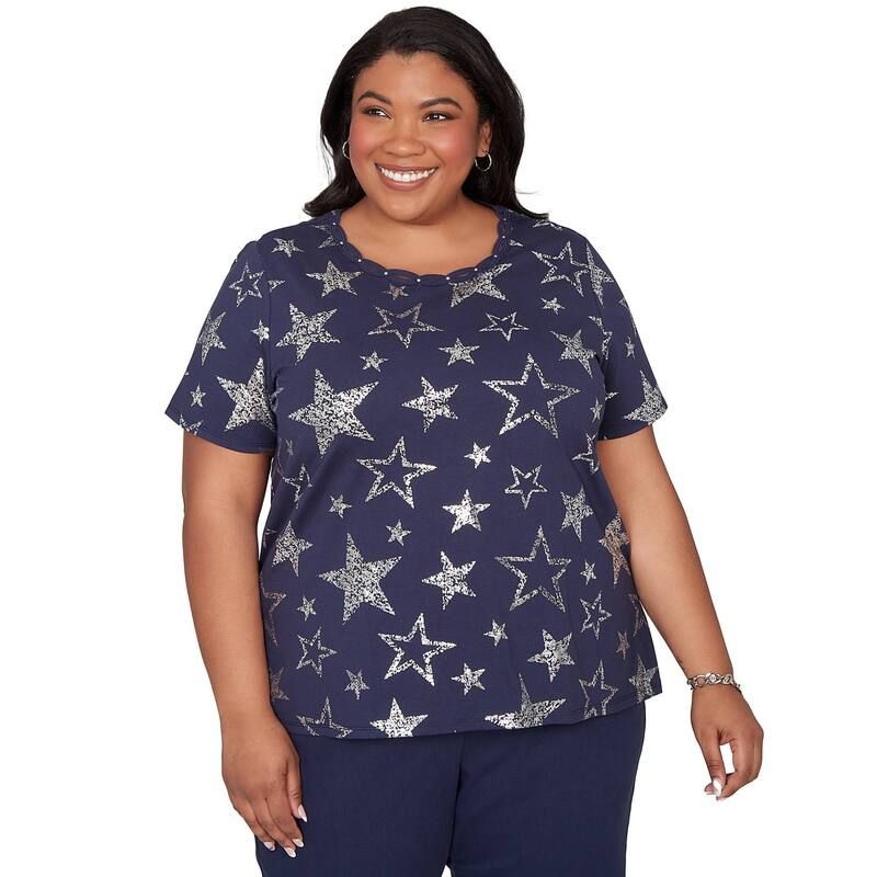 アルフレッド ダナー レディース トップス Tシャツ プラスサイズ グラフィック Plusize Alfredunner Sparkling Foil Stars Graphic Tee Navy ネイビー
