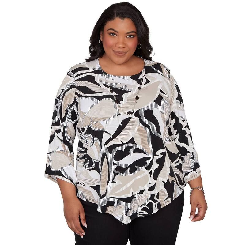 アルフレッド ダナー レディース トップス シャツ プラスサイズ レース Womens Plus Alfredunner Texture Leaves Pointed Hem Top with Necklace Black Multi ブラック