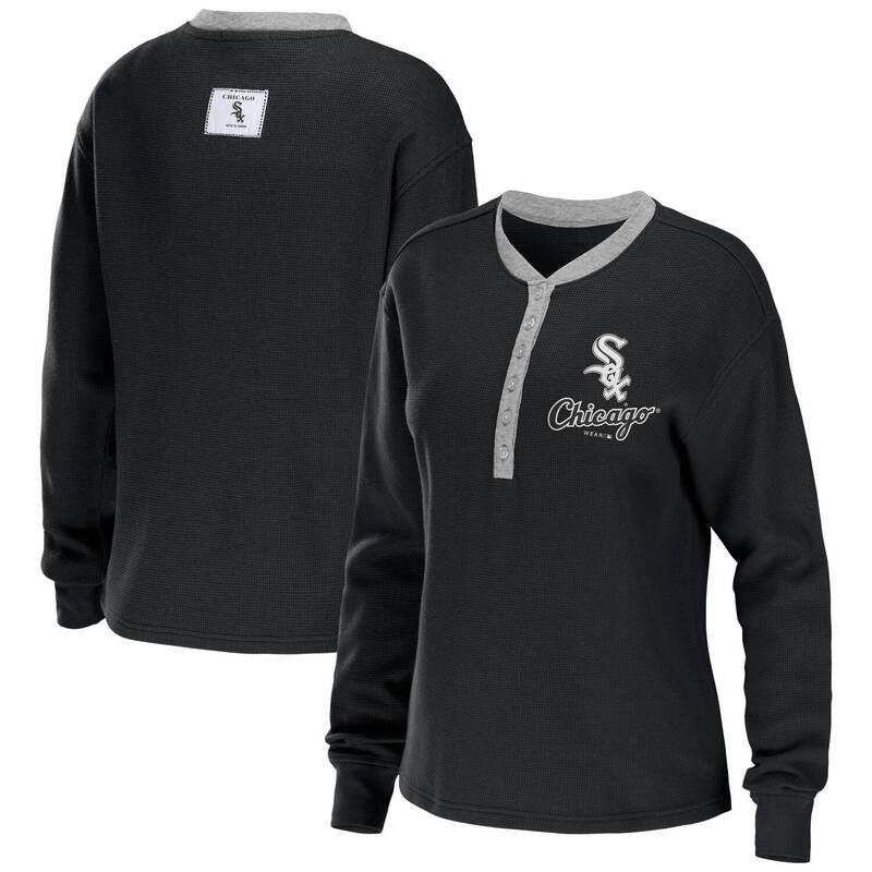 ウェア バイ エリン アンドルーズ レディース トップス Tシャツ Womens WEAR by Erin Andrews Black Chicago White Sox Waffle Henley Long Sleeve TShirt Sox Black ブ